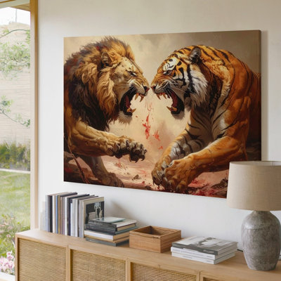 Canvas Wall Art A Dramatic Face Off Between A Roaring Lion And A Roaring Tiger Is Depicted In Intense Premium Quality Ready To Hang