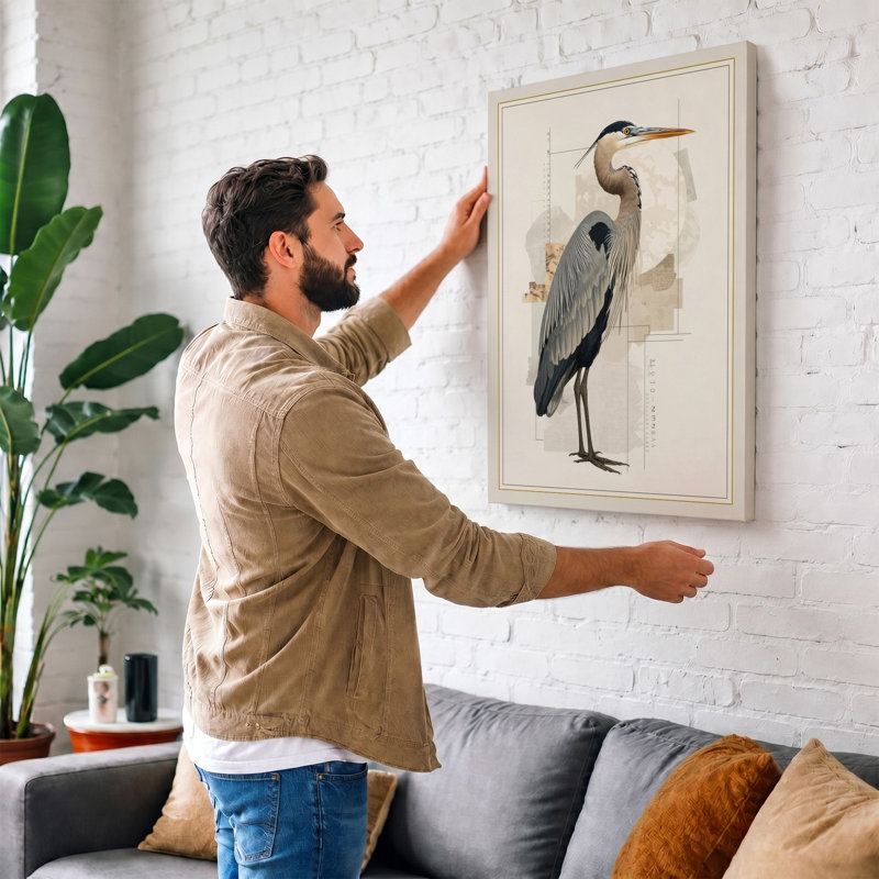 Great Blue Heron Botanical - Wrapped Canvas, 18x12 - 45.7 x 30.5 cm, Sage Border