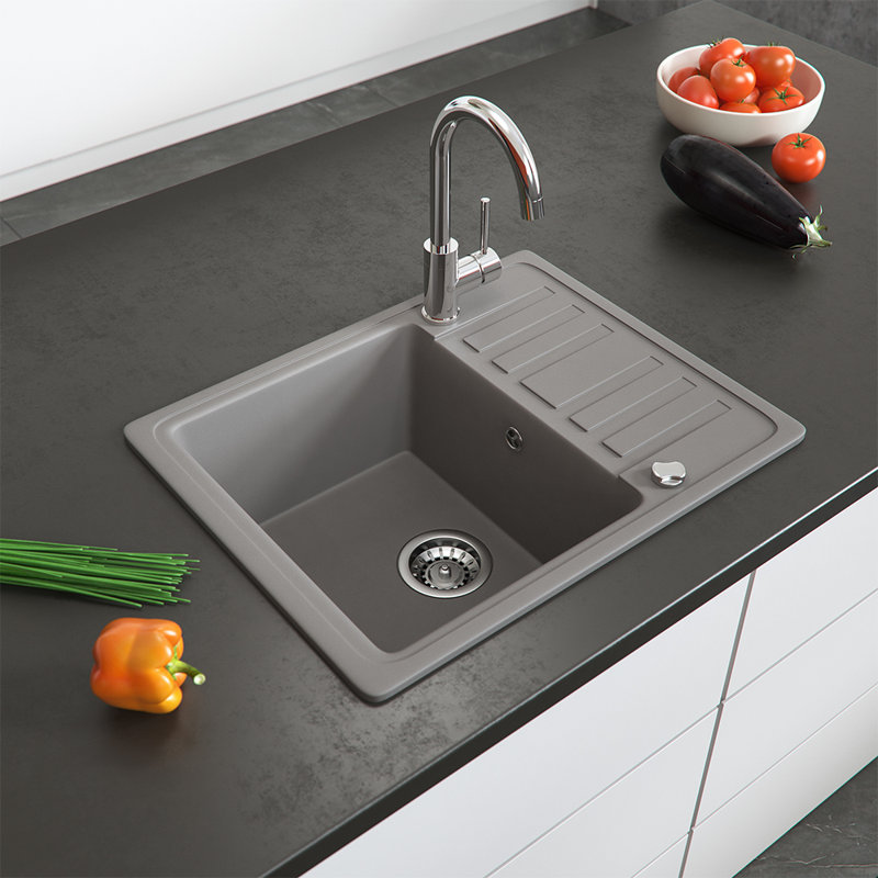 Dakota Fields Daramanivong 460mm W Single Bowl Granite Drop-In Kitchen Sink with 1 Faucet Hole, Concrete