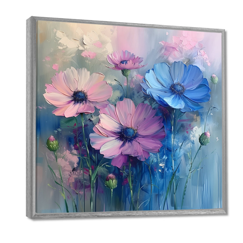 Mauve, bleu, féminin, flocons de maïs, Cadre flottant argent, H 16 po x l 16 po