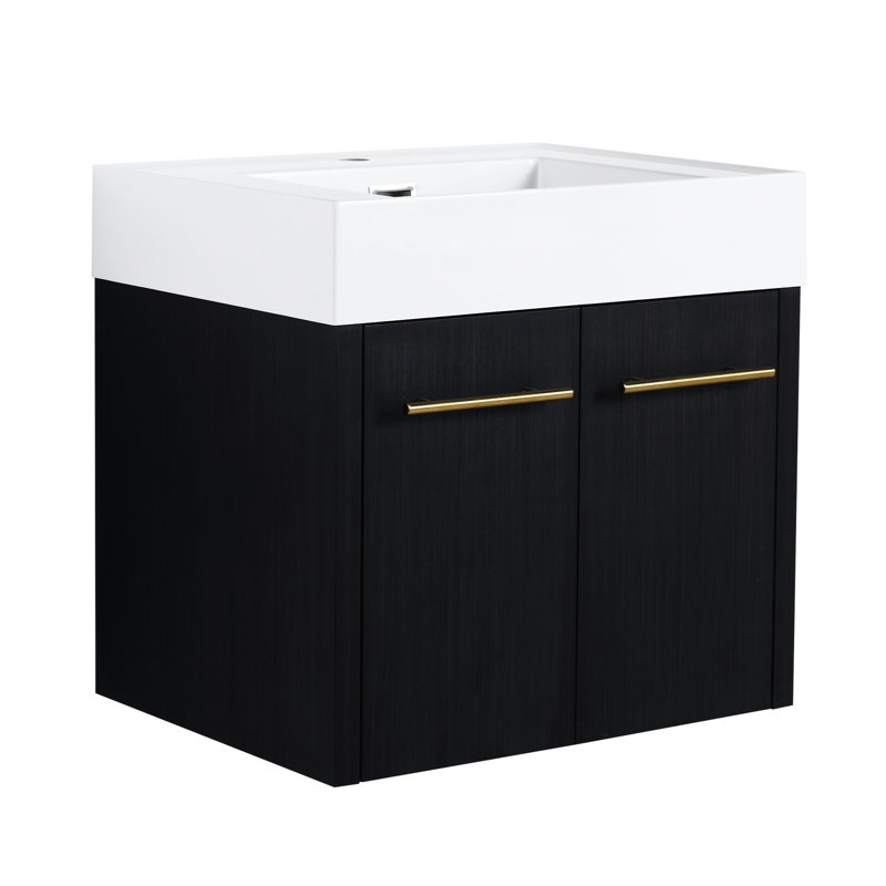 Meuble-lavabo de salle de bain - fixation murale 24 po, lavabo en résine épaisse, charnières à fermeture silencieuse, abat-jour en châtaignier noir avec composant moderne, portes à bordures à peine perceptibles, éclat