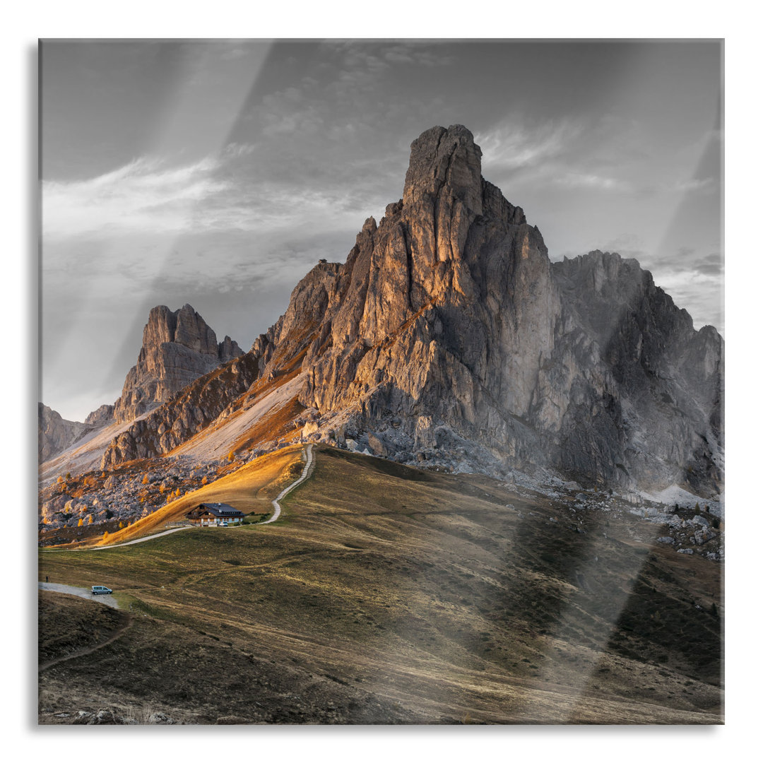 Glasbild Dolomiten bei Sonnenuntergang, schwarz-weiß Detail