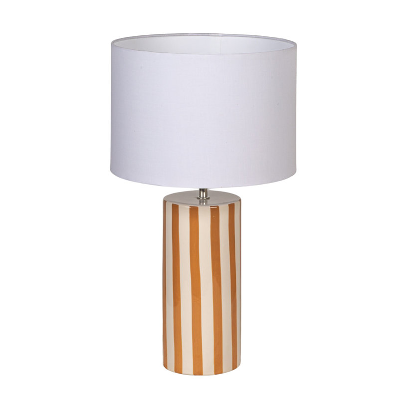 Lampe cylindrique en grès émaillé Lena avec rayures brunes et abat-jour en lin