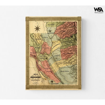 «California Mining District 1851», affiche de l'histoire minière des États-Unis, impression de carte californienne, art de la carte des États-Unis, impression de hall d'entrée de bureau rustique, décor de couloir