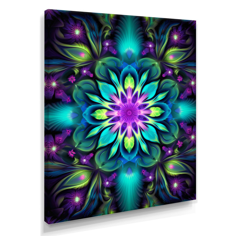 Décoration murale turquoise néon fractal II - Boho Mandala, Toile tendue, H 44 po x l 34 po x P 1,5 po
