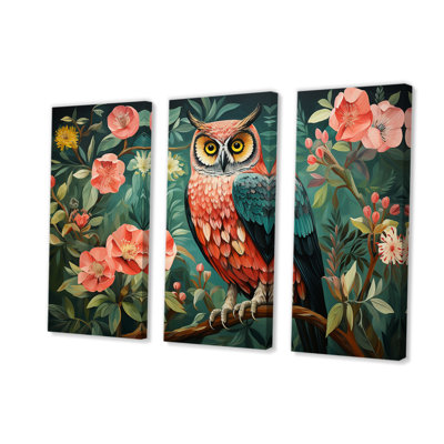 Hibou rose et vert dans le style Matisse I - art mural animal hibou