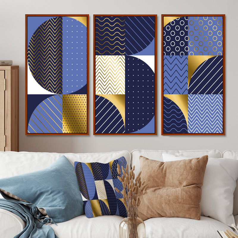«Retro Luxury Waves in Gold and Blue IV», reproduction de cadre photo sur toile 3 pièces, H 40 po x l 60 po, Brown