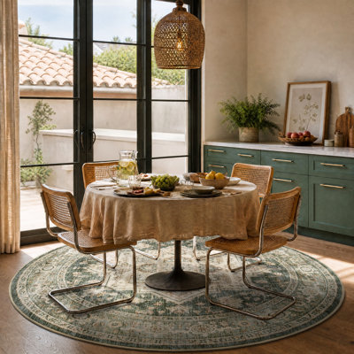 Vintage Green Machine Washable Round Area Rug