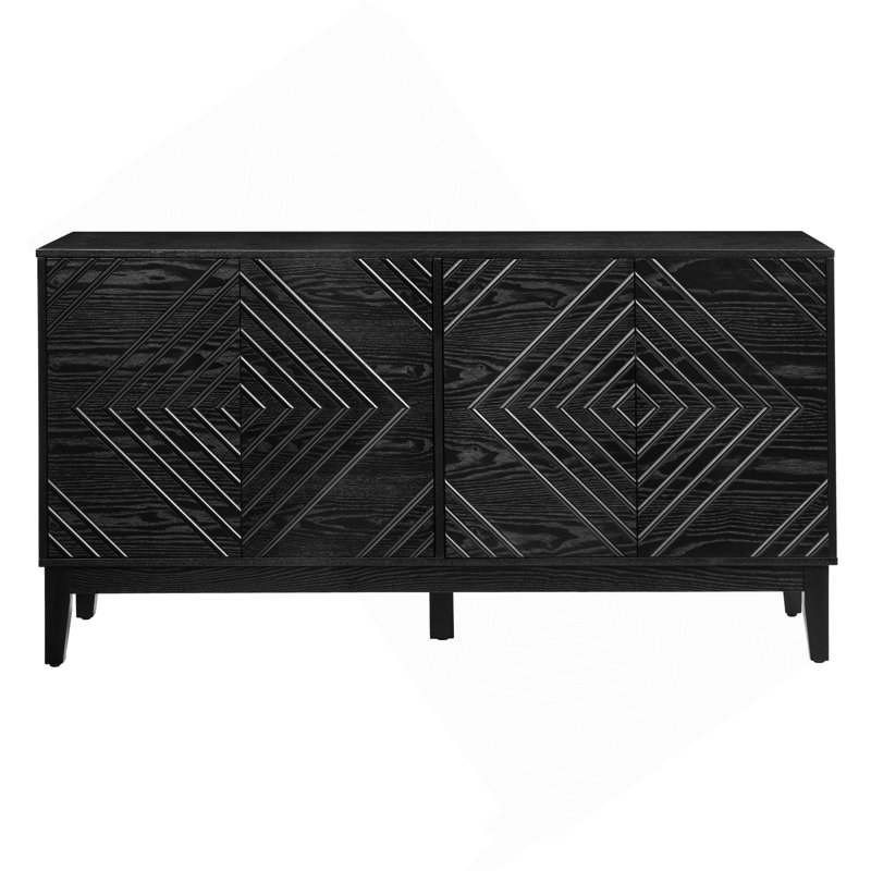 Buffet 60,5 po avec rangement, buffet de style maison de campagne cannelée avec motif géométrique et tablettes réglables, meuble télé de style Mid-Century pour le salon, la cuisine, le vestibule, la salle à manger, noir
