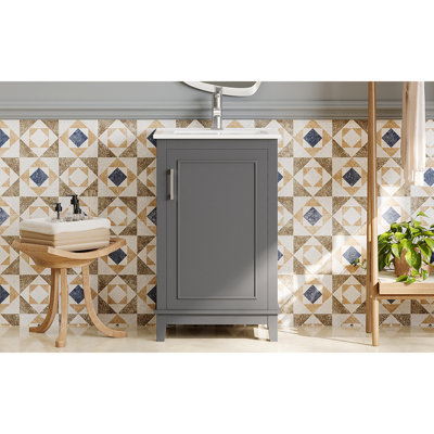 Petit meuble-lavabo moderne de 20 pouces avec lavabo en céramique - 20 * 14,5 * 33,3 pouces, rangement spacieux, 1 porte à fermeture en douceur