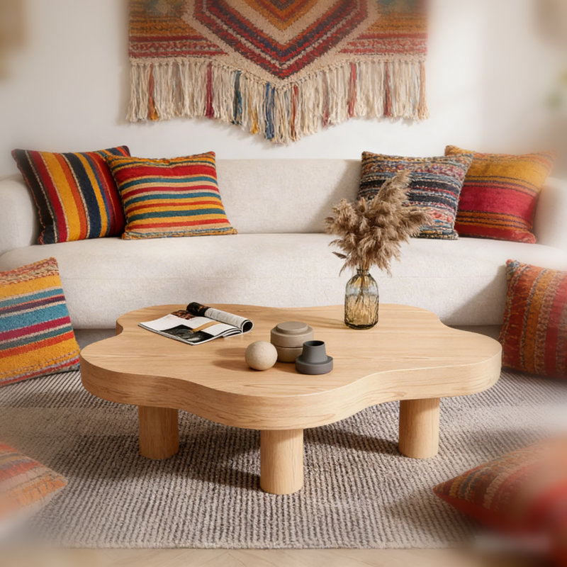 32 Inch Modern Nordic Cloud-Shaped Coffee Table | 3-Leg Solid Natural Larch Wood Center Table for Living Room & Bedroom
