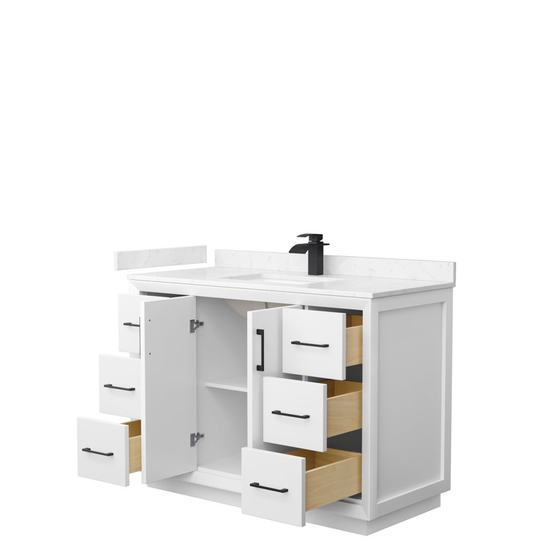 Ensemble de meuble-lavabo simple 48 po Strada_Carrara, Noir mat, Blanc, Marbre de culture de Carrare
