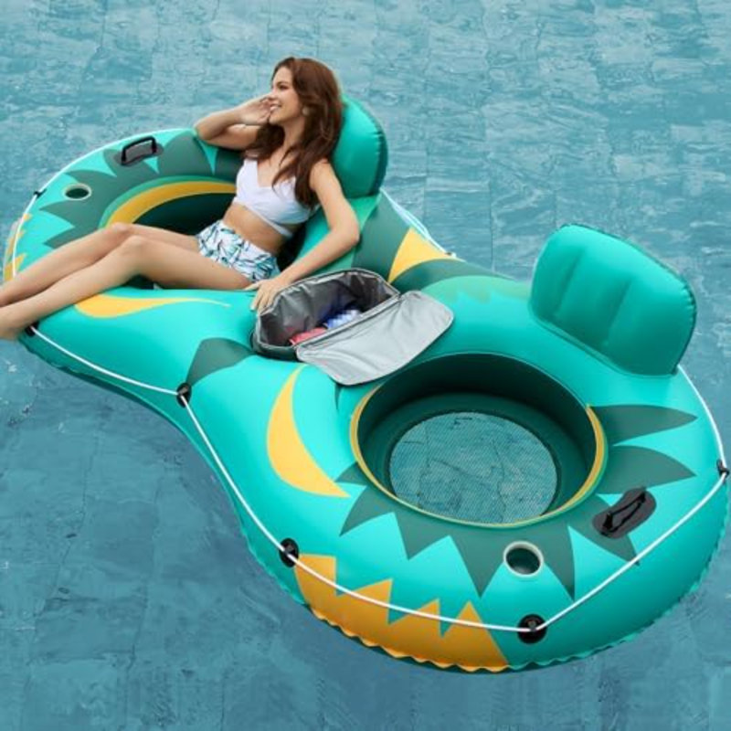 Heavy Duty 2 Person Inflatable River/Pool Tube Float With Removable Cooler, Tubes For Lake, Floating River Raft Lounge Floatie With 2 Cup Holders For Adults, Cyan