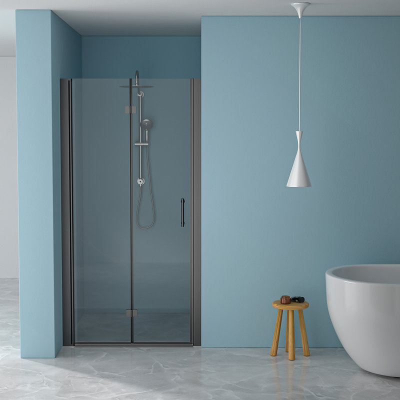 Porte de douche pliante sans cadre avec verre trempé, 1/4 po (6 mm), Noir mat