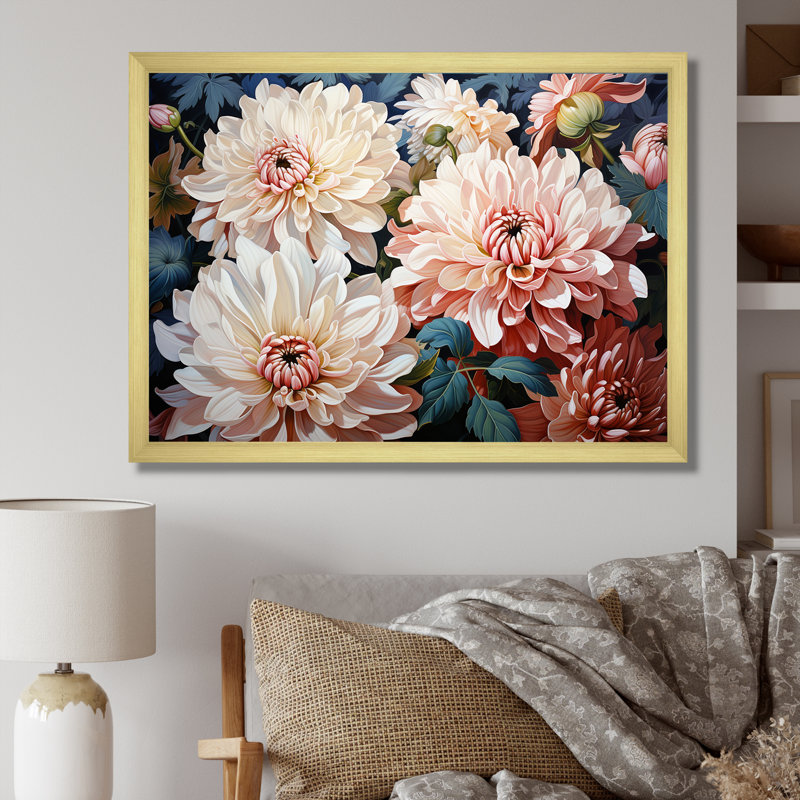 Chrysanthèmes rose et blanc collage I - décoration murale de chrysanthèmes, H 34 po x l 44 po x P 1,5 po, Cadre doré simple