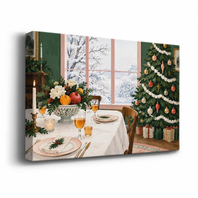 Table de salle à manger avec arbre et fenêtre enneigée, art mural sur toile de Noël