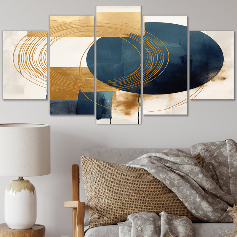 Moon Bliss On Delft Sky Mid-Century II - Décoration murale transitionnelle - 5 panneaux
