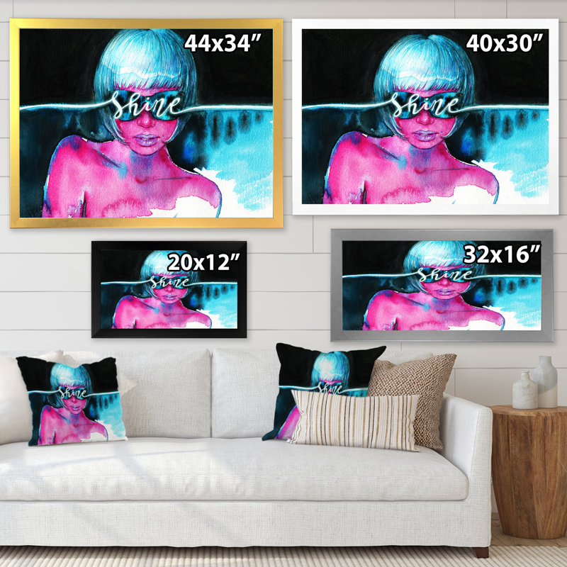 Shine Turquoise Sensual Portrait II - Glam, art mural sur toile, Cadre noir, H 8 po x l 12 po x P 1 po