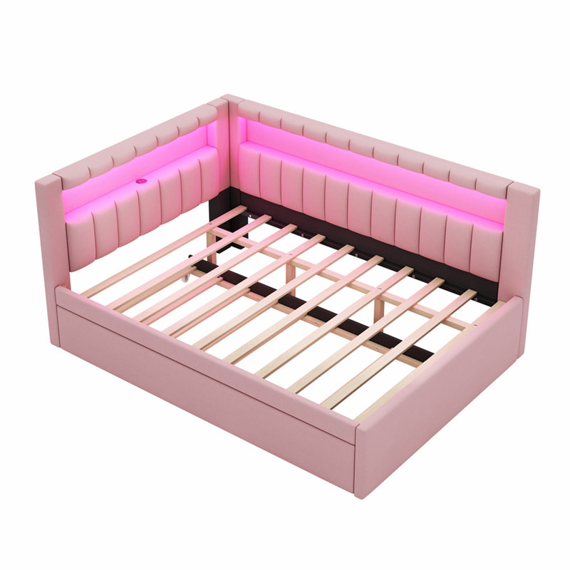 Lit plateforme tapissier pleine grandeur avec ports USB et ceinture à DEL, avec lit gigogne, rose, Double