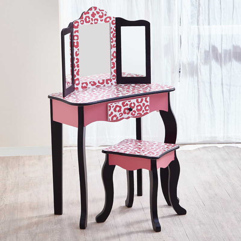 Teamson Kids Fashion Prints Animal Wooden Vanity Table & Stool with Mirror for Pretend Play Makeup, Hot Pink Leopard Print
