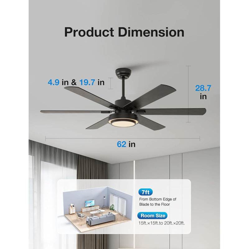 Ceiling Fans With Lights And Remote Control, 62 Inch, 6 Speeds Reversible DC Motor, 3 Color Dimmable Light, Timer, Noiseless, Black, 6 Blades