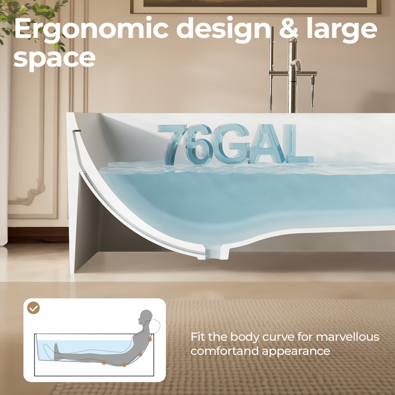 StonePure 63"×28" Freestanding Square Solid Surface Stone Bathtub,  15.2" Deep Soaking Tub with Overflow, Pop-up Drain And Anti-slip Base