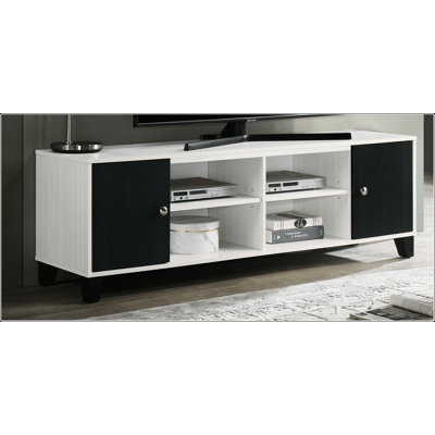 Meuble télé blanc et noir Crisp avec tablettes ouvertes et compartiments dissimulés pour un rangement élégant