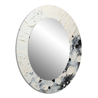Gris gris blanc Mid Century Minimalist Wave - Miroir décoratif ovale abstrait sur métal