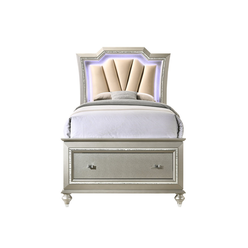 Lit double en cuir champagne - éclairage à DEL, rangement, contemporain synthétique avec champagne et rangement pratique