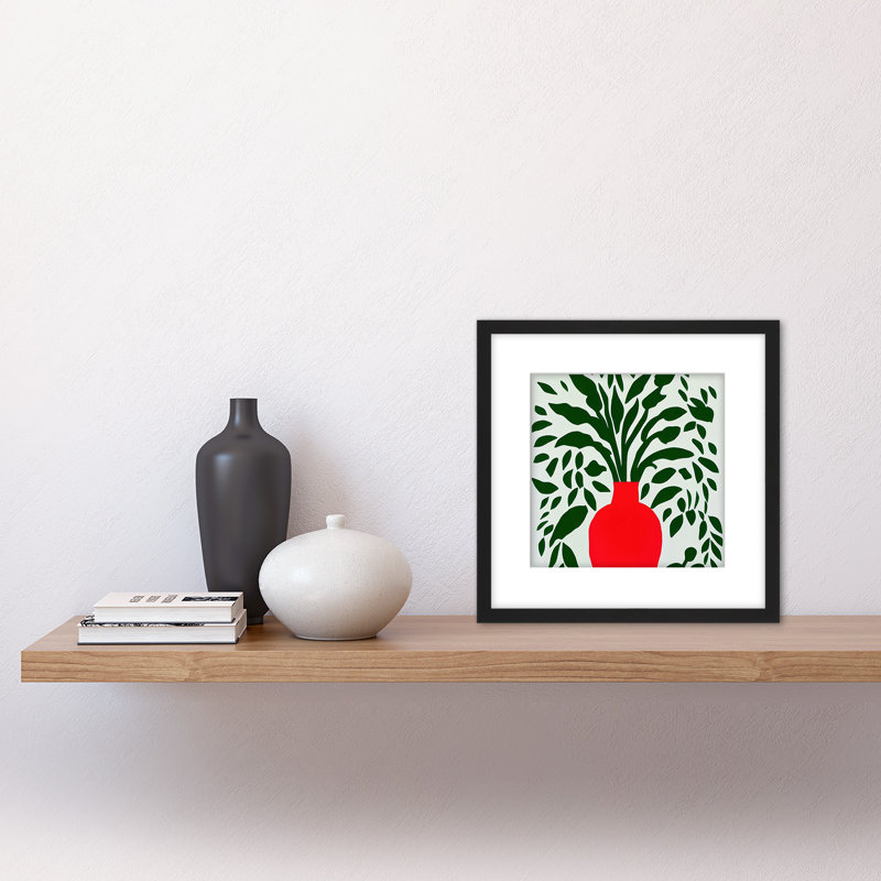 Green Leaves Bold Red Vase Flat 2D - Single Picture Frame Painting