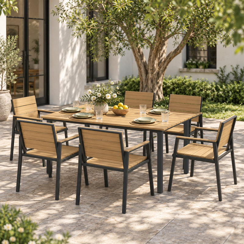 Ensemble repas 7 pièces pour patio avec trou pour parasol, Jaune, 6