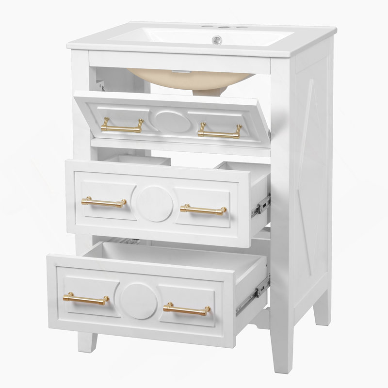 Ensemble de meuble-lavabo simple 24 po avec lavabo en céramique, ensemble de meuble-lavabo autoportant avec 3 tiroirs, cadre en bois massif, blanc