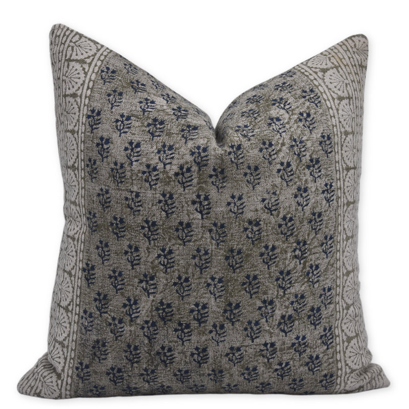 Linen Indoor/Outdoor Pillow Cover, Square, 22" x 22", Blue/Green/Beige Floral 1