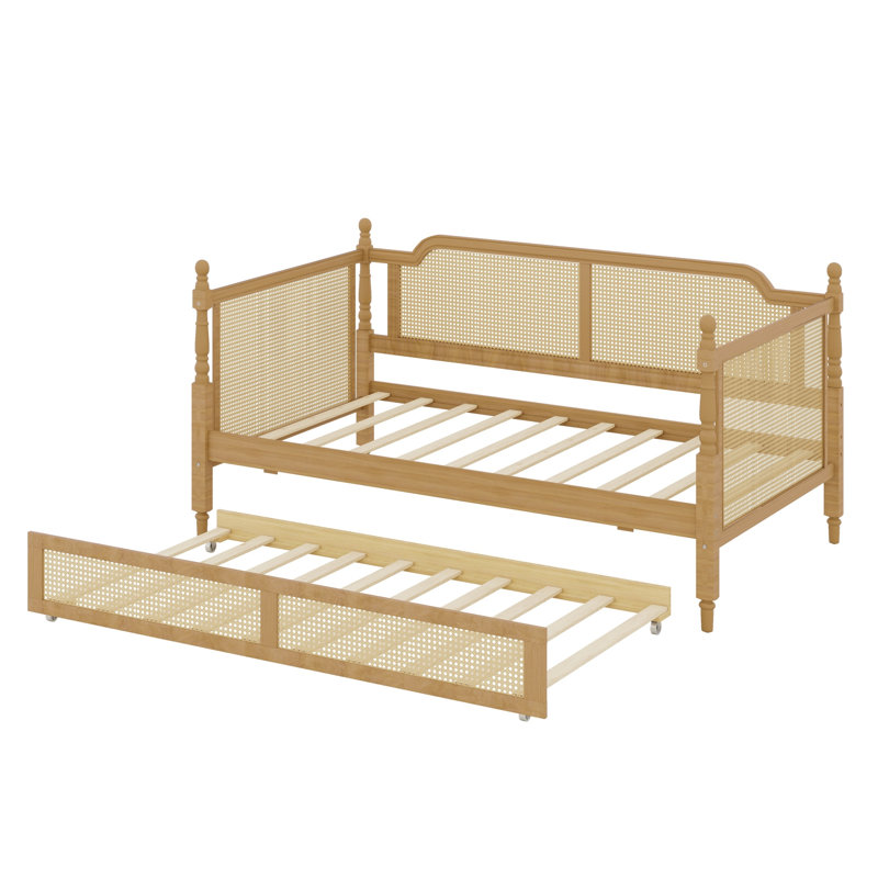 Lit de jour traditionnel en rotin avec lit gigogne, parfait pour les chambres compactes, Lit simple, Noyer antique