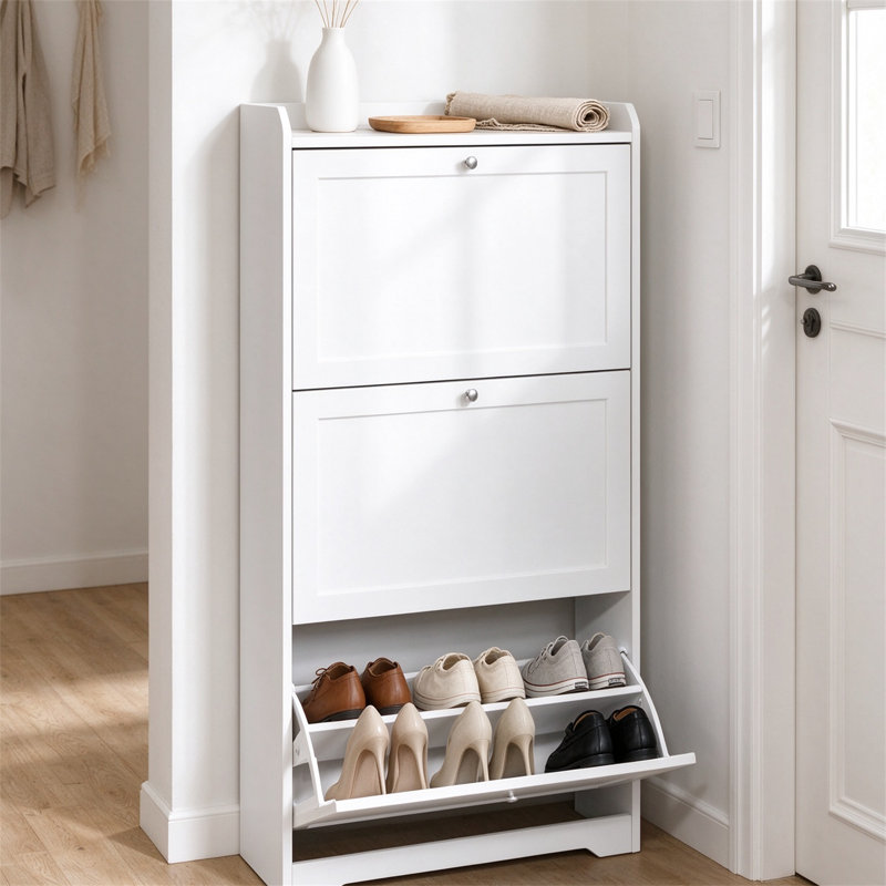 Space-Saving Shoe Organizer Cabinet | 3 Flip-Open Drawers | 12–20 Pair Capacity | Adjustable & Detachable Dividers | Slim Entryway & Hallway Storage