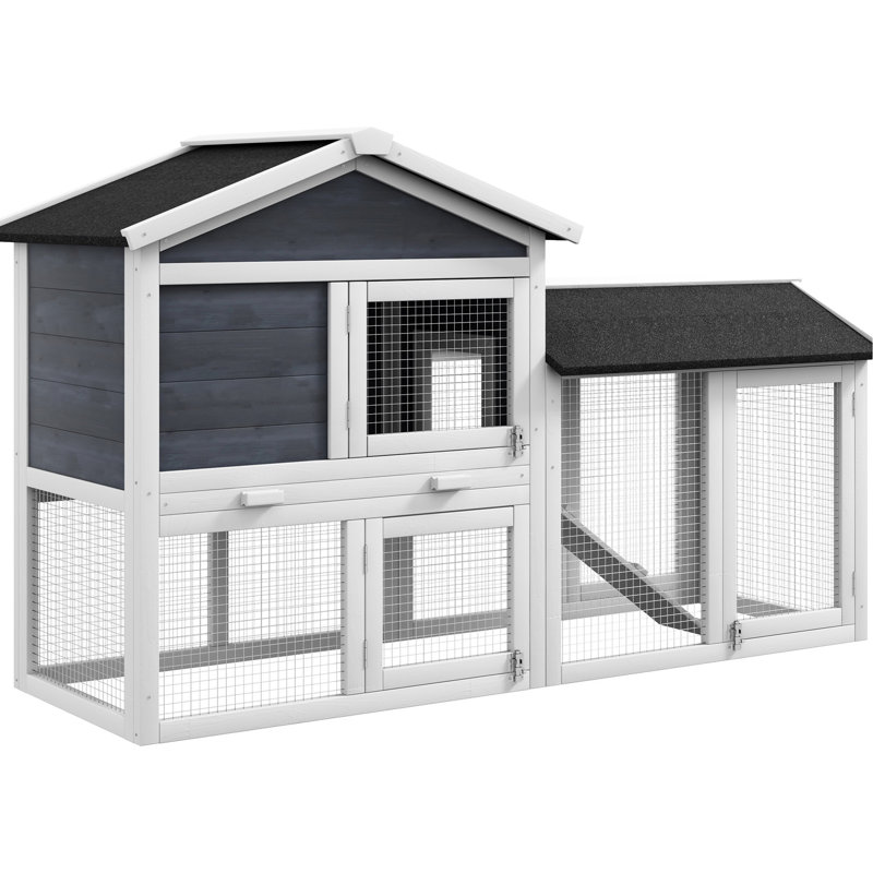 Abri pour lapins en bois de 58 po, cage, toit en asphalte, aire de jeu. Plateau amovible, portes et rampe verrouillables, petit enclos pour animaux gris,