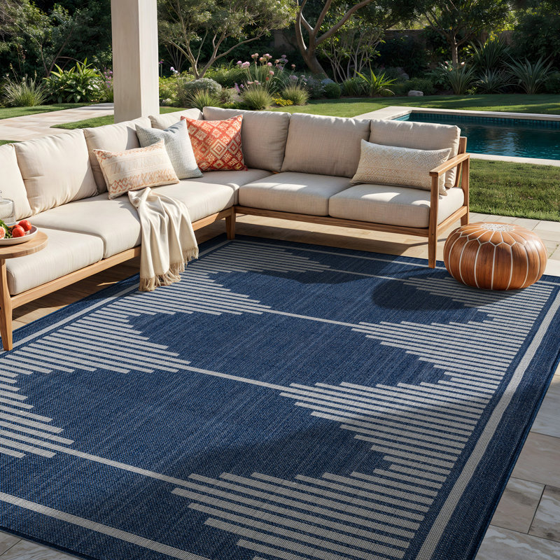 Tapis intérieur / extérieur tissé à motif géométrique bleu marine / ivoire en jute facile d'entretien, Marine