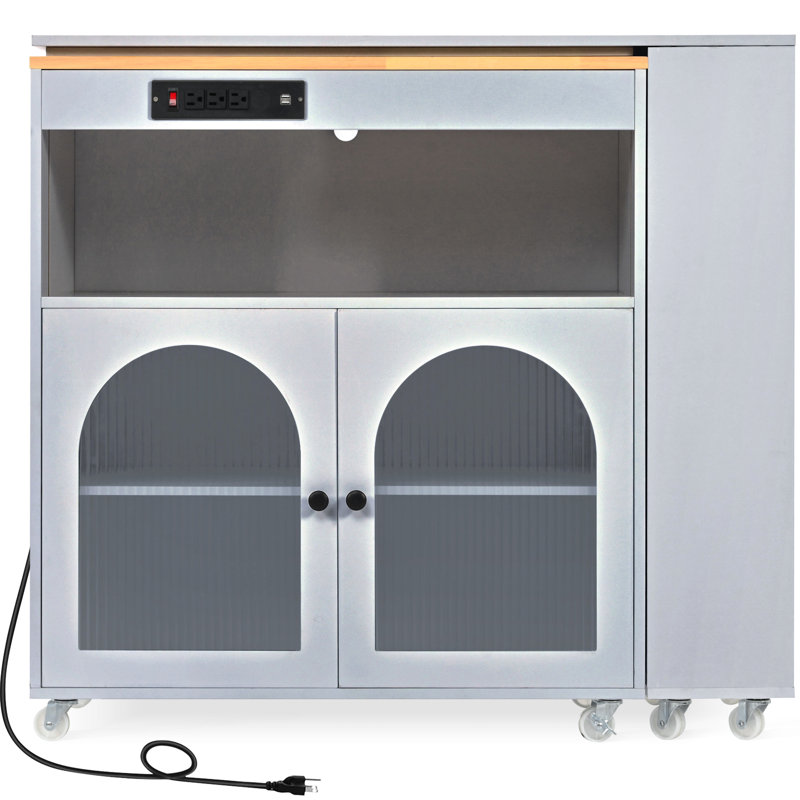 Modern Grey Kitchen Island With Fluted Glass Doors, Led Illumination, Power Outlets & Storage Rolling Lights, Outlets, 2 Compartment Mobility,