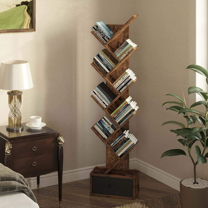 Bibliothèque à 9 tablettes avec tiroir, support de rangement en bois, brun rustique, organisateur de coin utilitaire