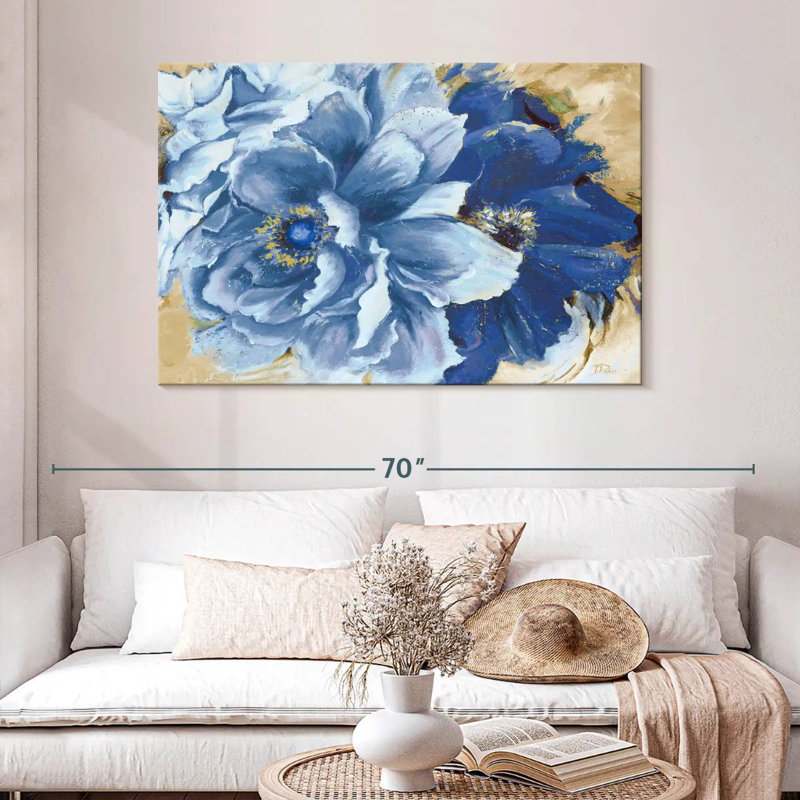 Aldoris, belles pivoines dans l'indigo, H 32 po x l 48 po