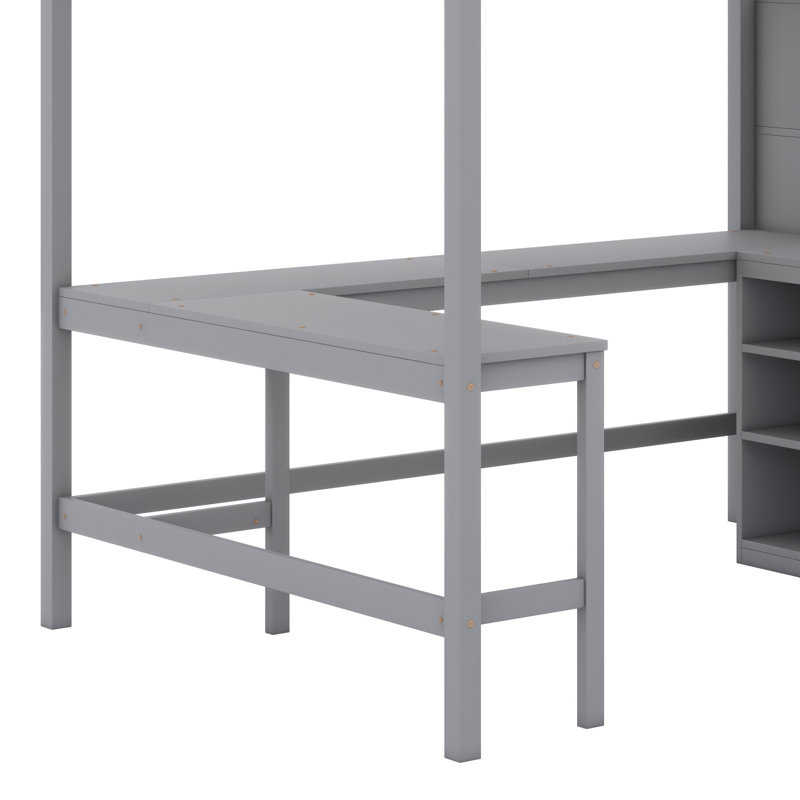 Lit mezzanine avec bureau en L, tablettes de rangement et escalier de rangement attaché, Gris