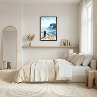 Man in Blue Suit Viewing Glowing Portal on Rocky Mesa Canvas Wall Art