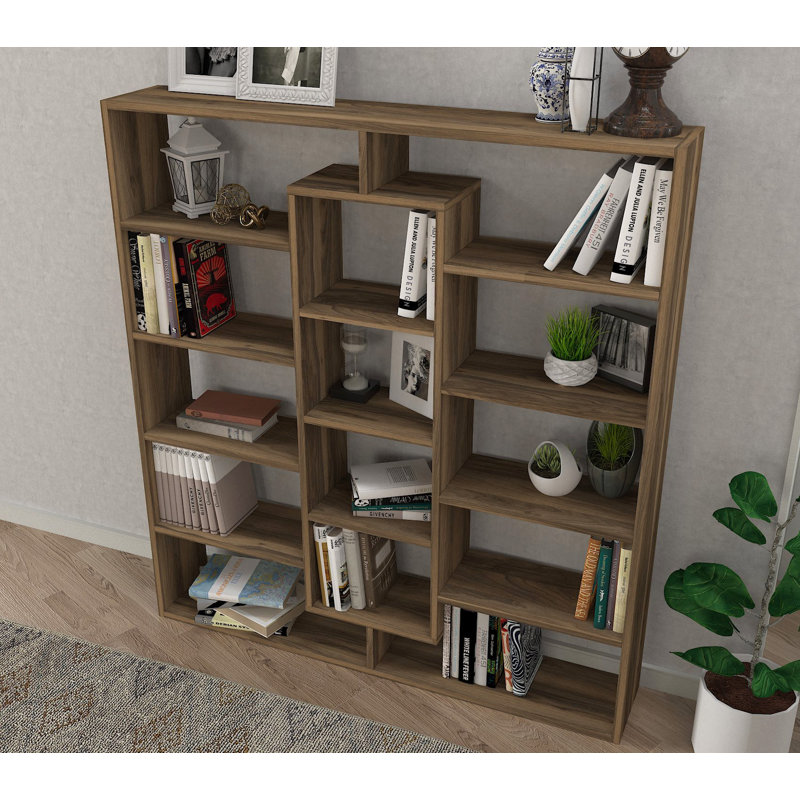 Modern Walnut Bookshelf, 49.2 x 53.4 x 8.7 inches | 100% Melamine Coated Particle Board, Thickness: 0.7 inches | Numerous Shelves, Wall-Mountable, Additional Storage | Stylish & Functional for Home or Office