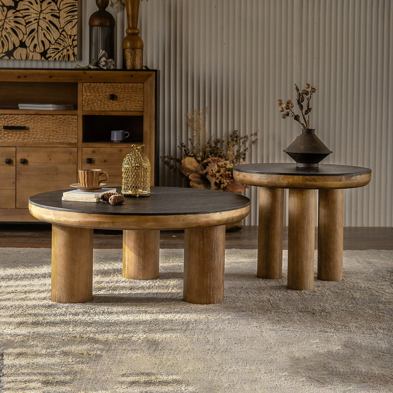 Ensemble de tables basses rondes en bois manufacturé noir Retro