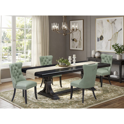 Cet ensemble de salle à manger moderne 5 pièces comprend une table de cuisine rectangulaire et 4 chaises en tissu de polyester vert saule, noir sablé