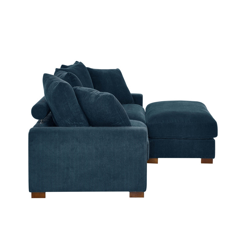 Canapé rembourré en velours côtelé avec pieds en bois massif, 3, Bleu, H 34 po x l 86 po x P 67,5 po