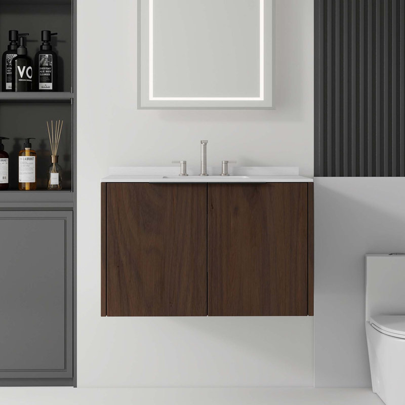 Meuble-lavabo flottant peu encombrant avec comptoir en marbre de culture et portes à fermeture en douceur