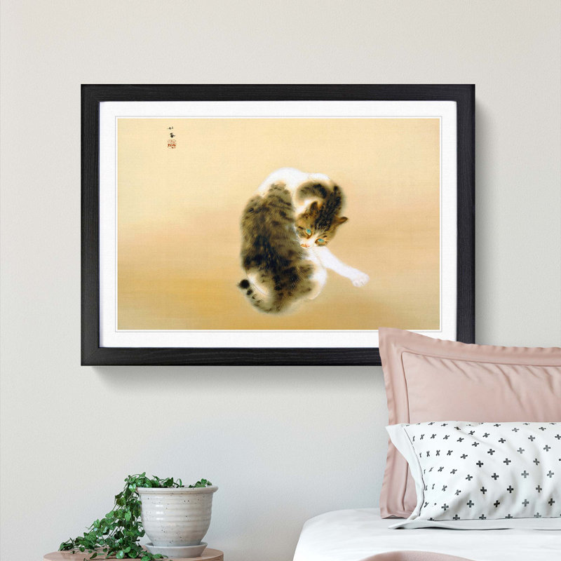 Cat Grooming Itself by Takeuchi Seiho - Picture Frame Graphic Art Print, 27cm H x 36cm W x 2cm D, Black Framed