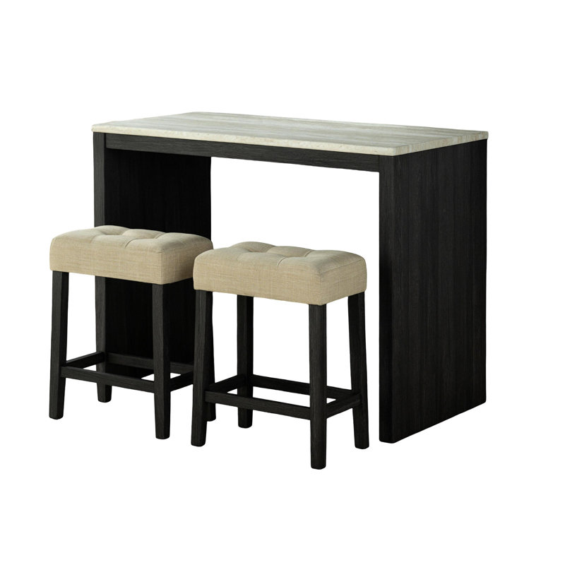 Table de salle à manger de siège 3pc, 2 tabourets, rectangulaire, style moderne, plateau de table rectangulaire gris-noir, sièges, rustique, beige