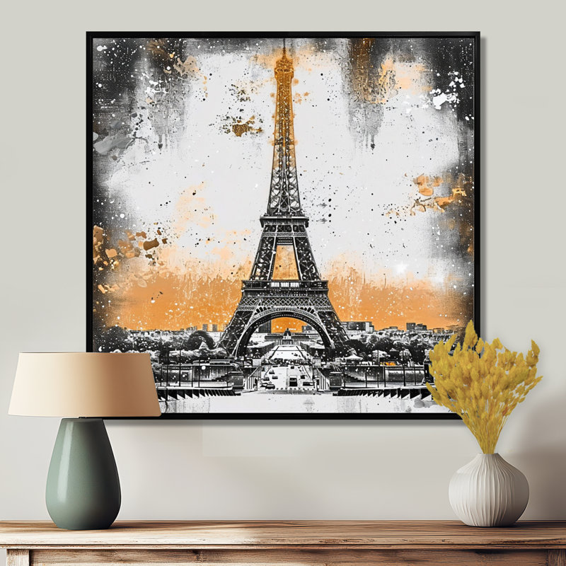 Tour Eiffel en or monochrome - City Paris, impression d'art mural, Toile noire avec cadre flottant